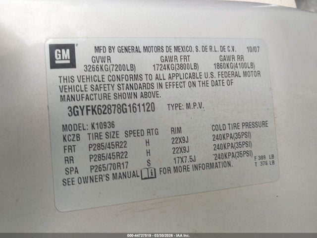 2008 CADILLAC ESCALADE EXT 3GYFK62878G161120 Photo 8