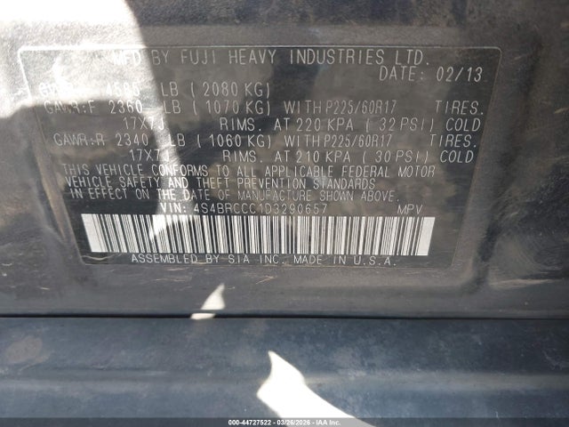 44727522 :رقم المزاد ، 4S4BRCCC1D3290657 vin ، 2013 Subaru Outback 2.5i Premium مزاد بيع