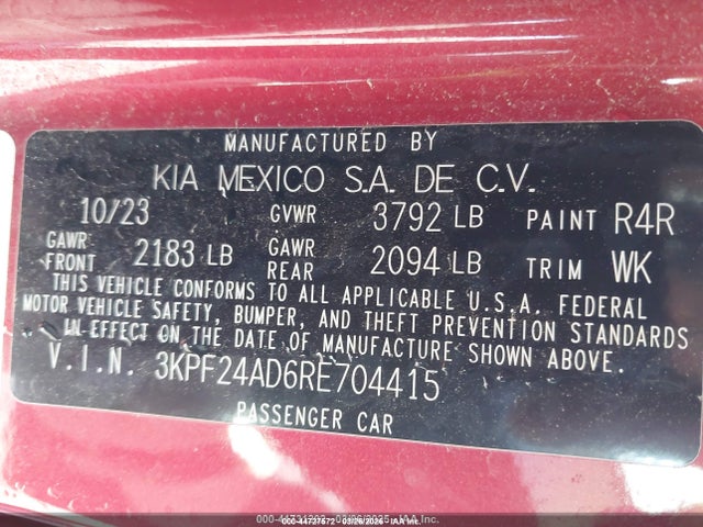 2024 Kia Forte Lxs მანქანა იყიდება აუქციონზე, vin: 3KPF24AD6RE704415, აუქციონის ნომერი: 44727572
