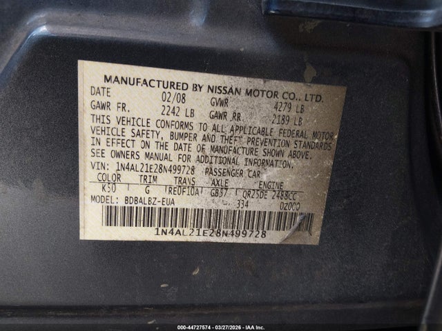 Продажа на аукционе авто 2008 Nissan Altima 2.5 S, vin: 1N4AL21E28N499728, номер лота: 44727574