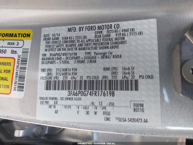Ford FUSION S 2015 3FA6P0G74FR176198 Image 9