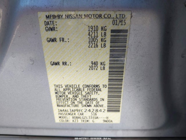 1N4AL3AP9FC242842 Nissan Altima 2.5 S