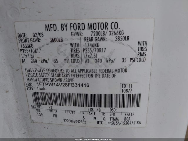 Auction sale of the 2008 Ford F-150 60th Anniversary/fx4/king Ranch/lariat/xlt, vin: 1FTPW14V28FB31416, lot number: 44727616