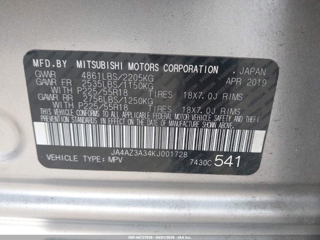 Aukcja sprzedaży 2019 Mitsubishi Outlander Se, vin: JA4AZ3A34KJ001728, numer aukcji: 44727629