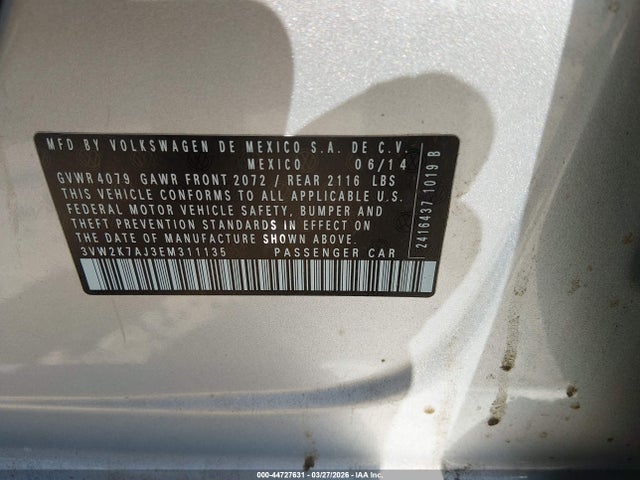 44727631 :رقم المزاد ، 3VW2K7AJ3EM311135 vin ، 2014 Volkswagen Jetta 2.0l S مزاد بيع