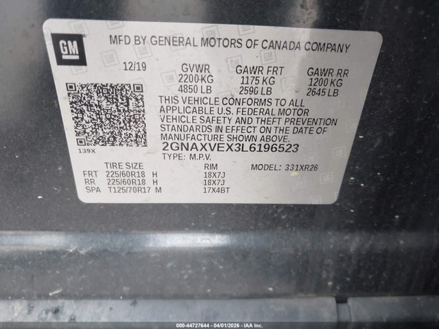 2GNAXVEX3L6196523 Chevrolet Equinox Awd Lt 2.0l Turbo