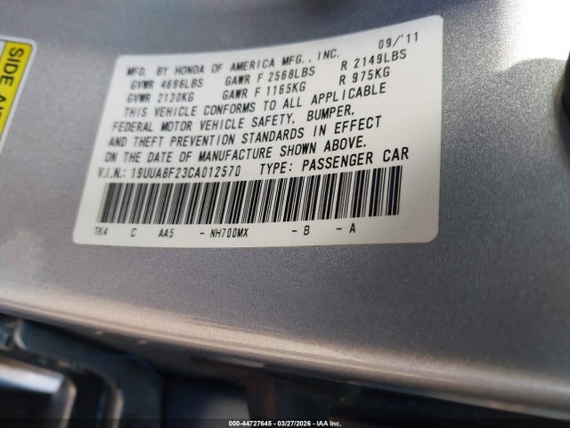 2012 Acura Tl 3.5 მანქანა იყიდება აუქციონზე, vin: 19UUA8F23CA012570, აუქციონის ნომერი: 44727645