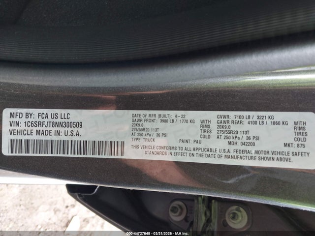44727648 :رقم المزاد ، 1C6SRFJT8NN300509 vin ، 2022 Ram 1500 Laramie  4x4 5'7 Box مزاد بيع