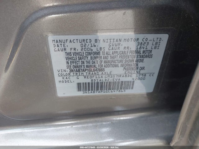 3N1AB7AP1GL647865 Nissan Sentra Fe+ S/s/sl/sr/sv