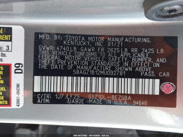 Aukcja sprzedaży 2021 Lexus Es 350 F Sport, vin: 58AGZ1B12MU092781, numer aukcji: 44727662