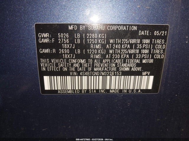 Aukcja sprzedaży 2021 Subaru Outback Limited Xt, vin: 4S4BTGND7M3226153, numer aukcji: 44727663