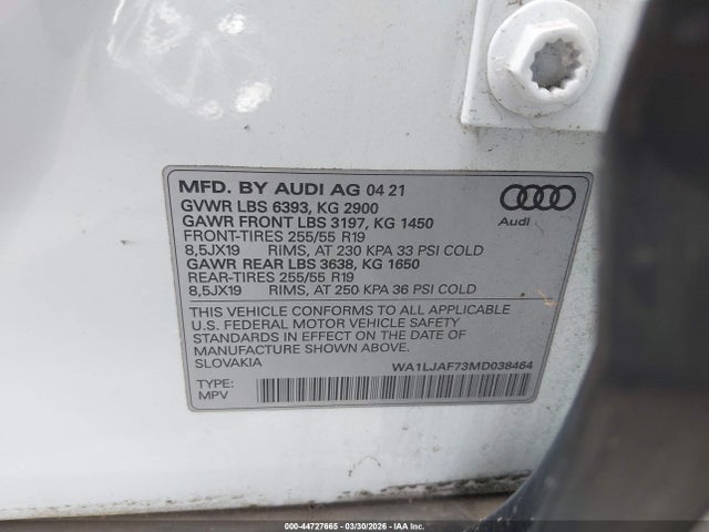 44727665 :رقم المزاد ، WA1LJAF73MD038464 vin ، 2021 Audi Q7 Premium Plus 45 Tfsi Quattro Tiptronic مزاد بيع