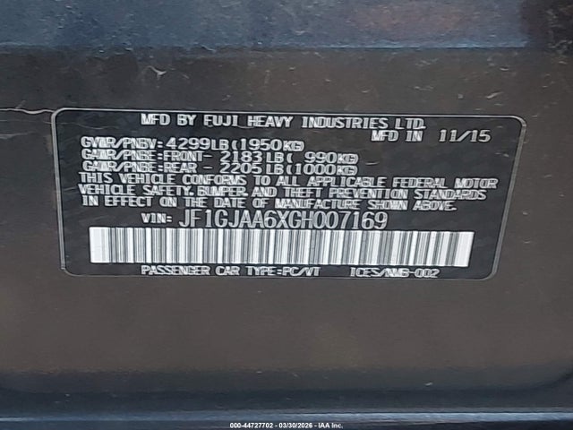 44727702 :رقم المزاد ، JF1GJAA6XGH007169 vin ، 2016 Subaru Impreza 2.0i مزاد بيع