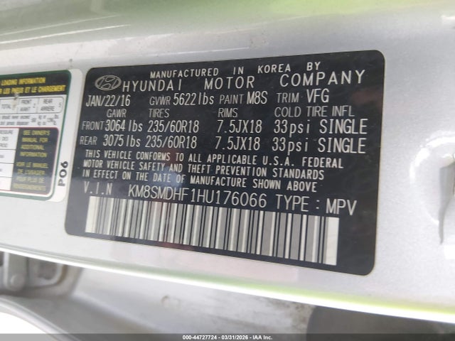 KM8SMDHF1HU176066 Hyundai Santa Fe Se