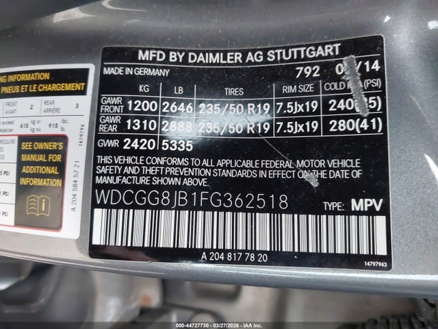 44727730 :رقم المزاد ، WDCGG8JB1FG362518 vin ، 2015 Mercedes-benz Glk 350 4matic مزاد بيع