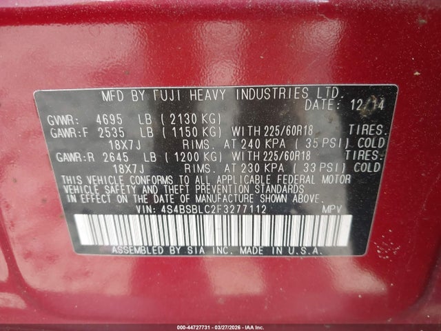 Aukcja sprzedaży 2015 Subaru Outback 2.5i Limited, vin: 4S4BSBLC2F3277112, numer aukcji: 44727731