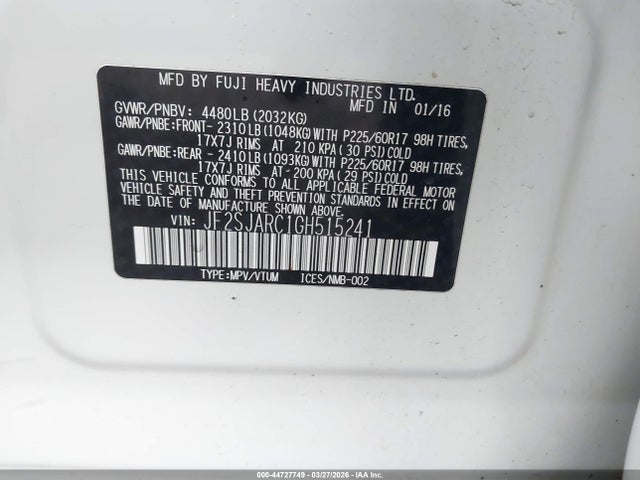 44727749 :رقم المزاد ، JF2SJARC1GH515241 vin ، 2016 Subaru Forester 2.5i Limited مزاد بيع