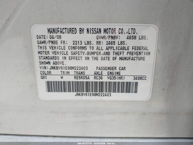 Продажа на аукционе авто 2008 Infiniti G35 Journey, vin: JNKBV61E98M222403, номер лота: 44727751