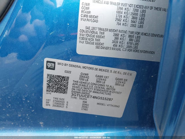 Продажа на аукционе авто 2022 Gmc Sierra 1500 4wd  Short Box Elevation, vin: 3GTUUCET4NG515287, номер лота: 44727757