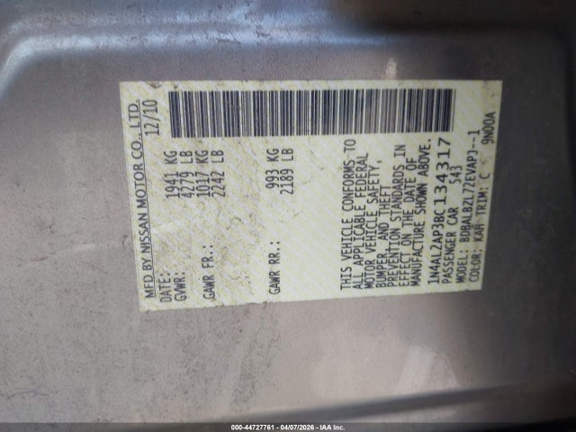 Aukcja sprzedaży 2011 Nissan Altima 2.5 S, vin: 1N4AL2AP3BC134317, numer aukcji: 44727761