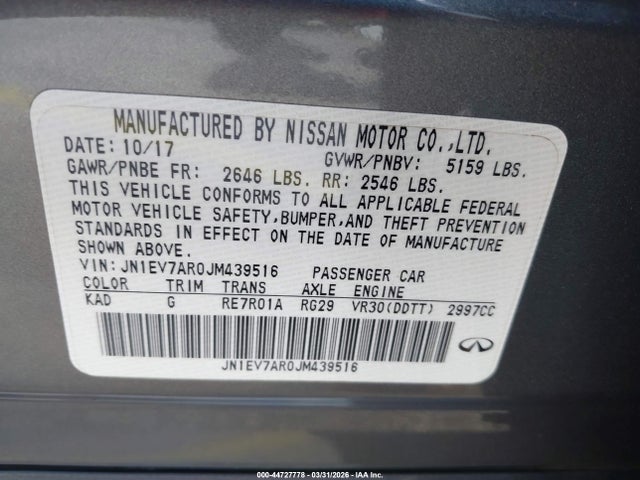 Продаж на аукціоні авто 2018 Infiniti Q50 3.0t Luxe, vin: JN1EV7AR0JM439516, номер лоту: 44727778