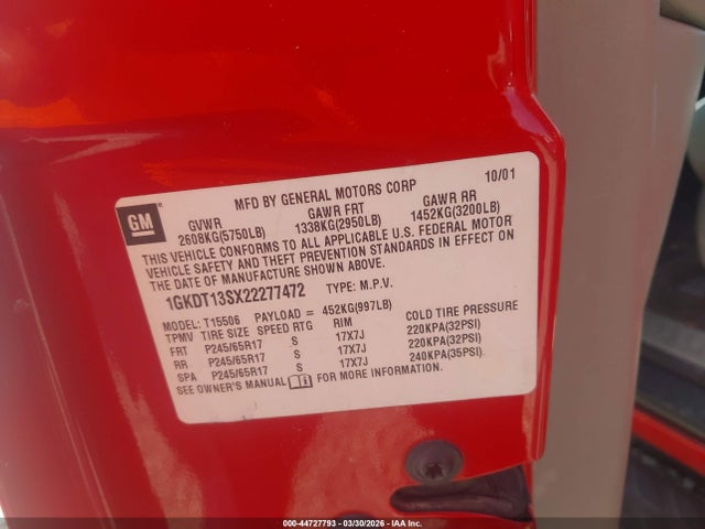 2002 Gmc Envoy Sle მანქანა იყიდება აუქციონზე, vin: 1GKDT13SX22277472, აუქციონის ნომერი: 44727793