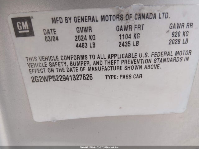 44727794 :رقم المزاد ، 2G2WP522941327626 vin ، 2004 Pontiac Grand Prix Gt1 مزاد بيع