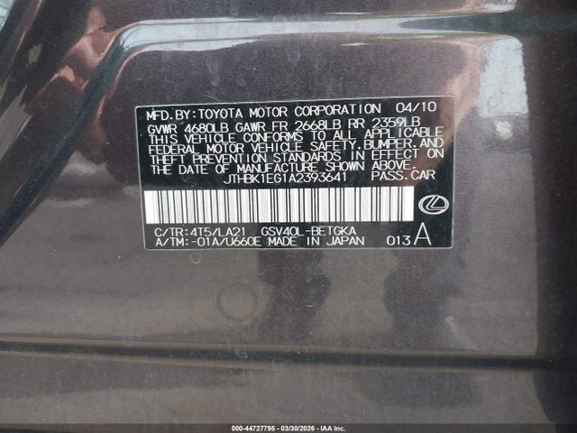 Aukcja sprzedaży 2010 Lexus Es 350, vin: JTHBK1EG1A2393641, numer aukcji: 44727795