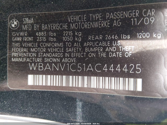 Aukcja sprzedaży 2010 Bmw 528i Xdrive, vin: WBANV1C51AC444425, numer aukcji: 44727806