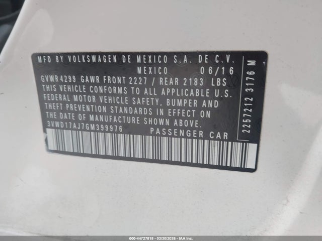 2016 Volkswagen Jetta 1.8t Sport მანქანა იყიდება აუქციონზე, vin: 3VWD17AJ7GM399976, აუქციონის ნომერი: 44727818