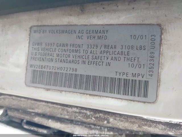 Продаж на аукціоні авто 2002 Volkswagen Eurovan Mv, vin: WV2EB47072H072798, номер лоту: 44727835
