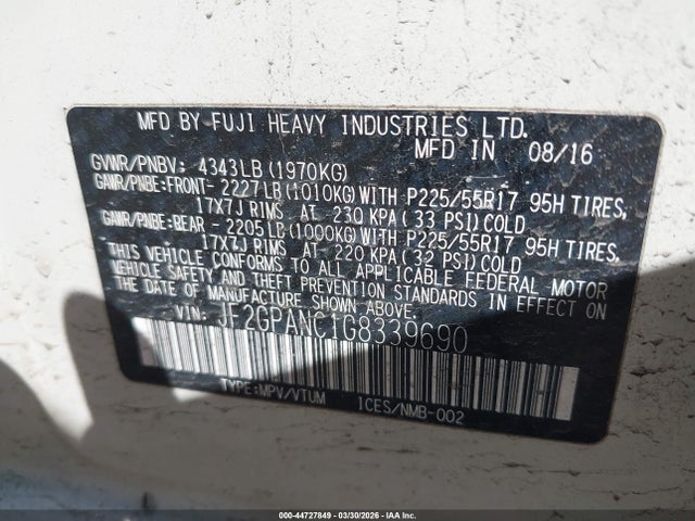 Aukcja sprzedaży 2016 Subaru Crosstrek 2.0i Limited, vin: JF2GPANC1G8339690, numer aukcji: 44727849