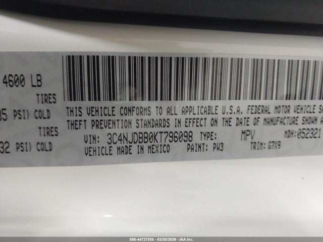 2019 Jeep Compass Altitude 4x4 მანქანა იყიდება აუქციონზე, vin: 3C4NJDBB0KT796098, აუქციონის ნომერი: 44727855