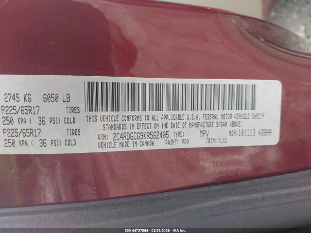 Продажа на аукционе авто 2019 Dodge Grand Caravan Sxt, vin: 2C4RDGCG9KR562405, номер лота: 44727864
