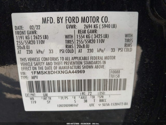 Продажа на аукционе авто 2022 Ford Explorer Xlt, vin: 1FMSK8DHXNGA44969, номер лота: 44727888