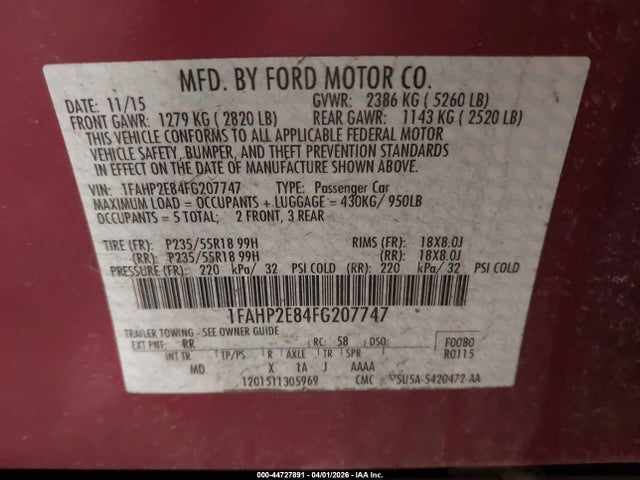 2015 Ford Taurus Sel მანქანა იყიდება აუქციონზე, vin: 1FAHP2E84FG207747, აუქციონის ნომერი: 44727891