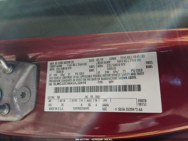 44727897 :رقم المزاد ، 5LMCJ2C96KUL32416 vin ، 2019 Lincoln Mkc Select مزاد بيع