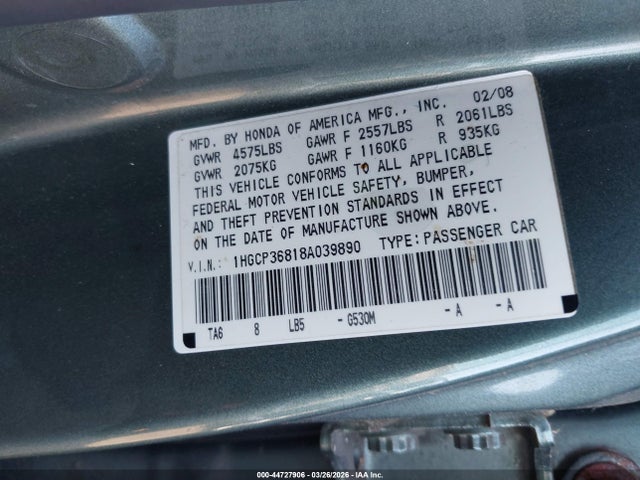 Aukcja sprzedaży 2008 Honda Accord 3.5 Ex-l, vin: 1HGCP36818A039890, numer aukcji: 44727906