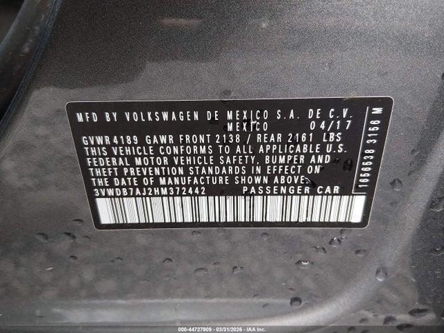 Aukcja sprzedaży 2017 Volkswagen Jetta 1.4t Se, vin: 3VWDB7AJ2HM372442, numer aukcji: 44727909