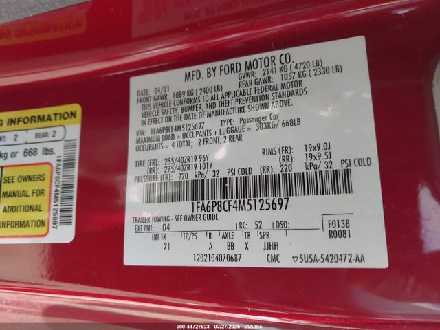 Продажа на аукционе авто 2021 Ford Mustang Gt Fastback, vin: 1FA6P8CF4M5125697, номер лота: 44727923