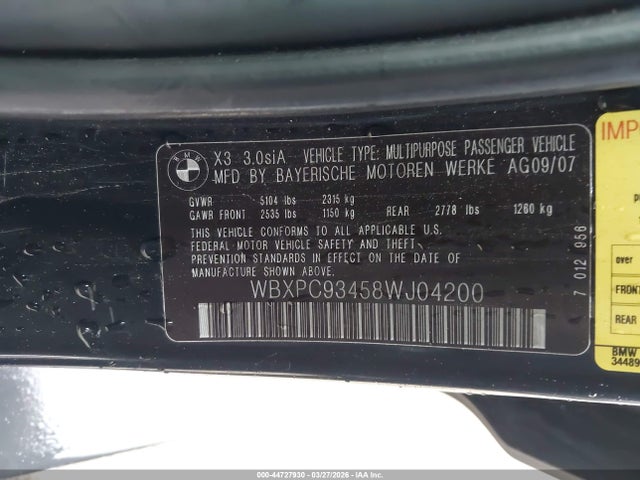 2008 Bmw X3 3.0si მანქანა იყიდება აუქციონზე, vin: WBXPC93458WJ04200, აუქციონის ნომერი: 44727930