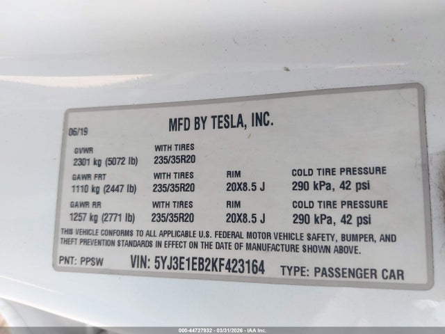 Aukcja sprzedaży 2019 Tesla Model 3 Long Range/performance, vin: 5YJ3E1EB2KF423164, numer aukcji: 44727932