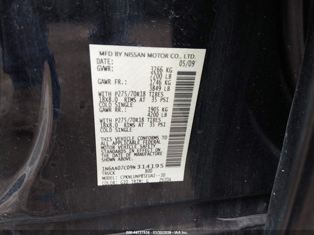 Продажа на аукционе авто 2009 Nissan Titan Pro-4x, vin: 1N6AA07C09N314195, номер лота: 44727936