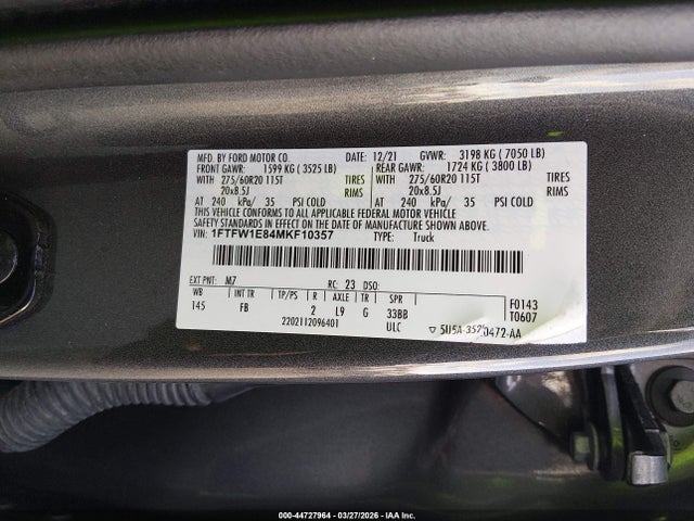 Продаж на аукціоні авто 2021 Ford F-150 Xlt, vin: 1FTFW1E84MKF10357, номер лоту: 44727964