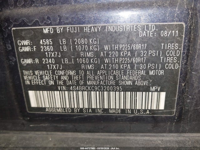 Продажа на аукционе авто 2012 Subaru Outback 2.5i Limited, vin: 4S4BRCKC9C3200395, номер лота: 44727981
