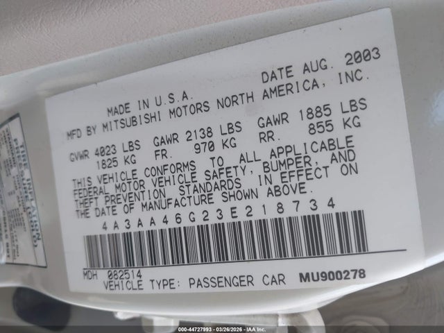 2003 MITSUBISHI GALANT 4A3AA46G23E218734 Photo 8