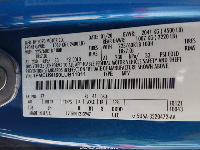 Ford ESCAPE SEL 2020 1FMCU9H60LUB11011 Image 9