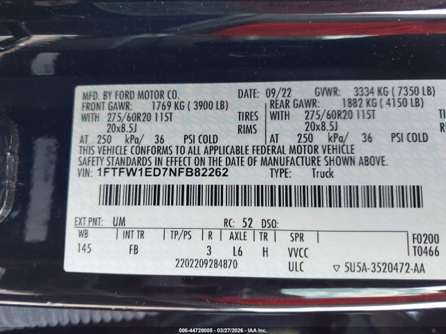 Продажа на аукционе авто 2022 Ford F-150 Xlt, vin: 1FTFW1ED7NFB82262, номер лота: 44728005