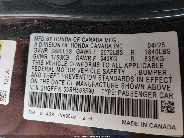 Honda Civic Sport 2025 2HGFE2F53SH593590 Image 9