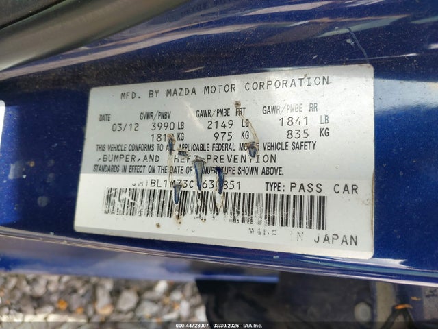 44728007 :رقم المزاد ، JM1BL1M73C1630851 vin ، 2012 Mazda Mazda3 I Grand Touring مزاد بيع